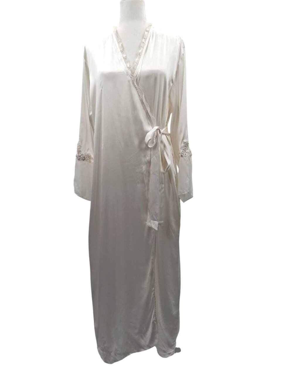 Ivy & Annabelle Intimates Ivory Long Satin Robe W/ Embellished Sleeves